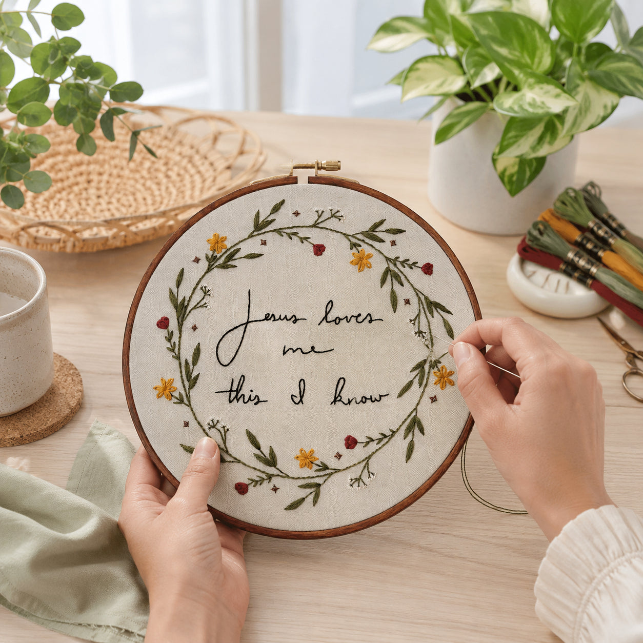 Jesus Loves Me Floral Embroidery Hoop Art, Christian Floral Embroidery Hoop Art, Wall Decor, Hand Embroidered Flower Wreath, Wheatear Embroidery Hoop EH05