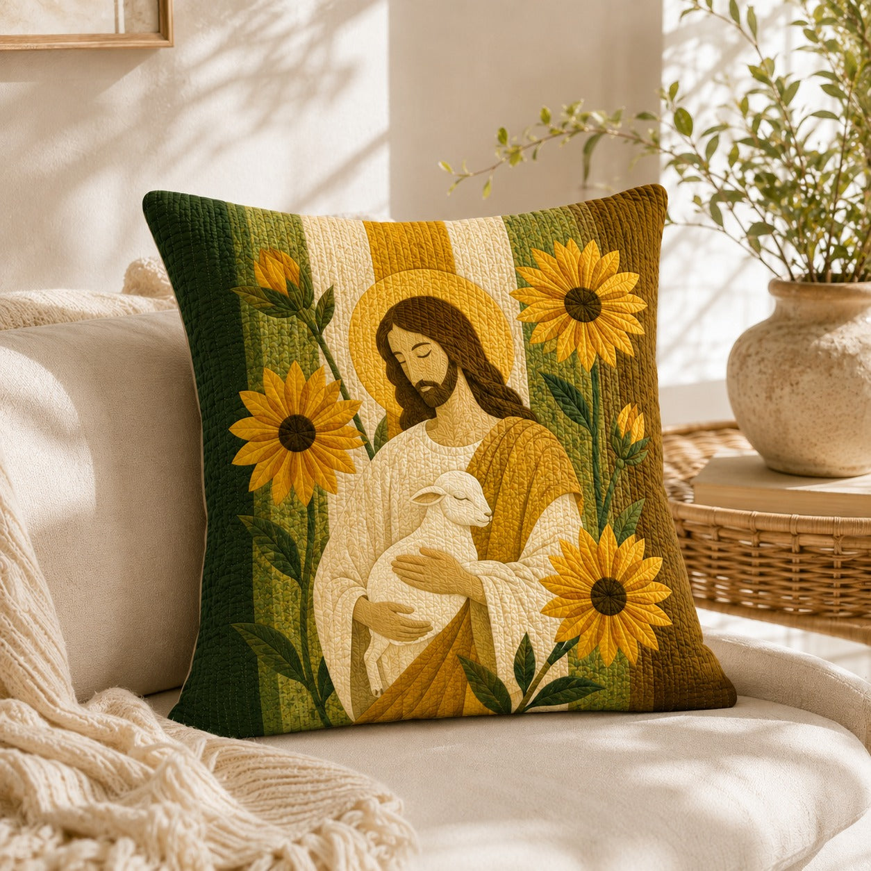 Jesus Good Shepherd Quilted Pillow Case, Sunflower Christian Pillow Cover, Lamb Religious Decor, Faith Gift for Christian Home QPILLOW16