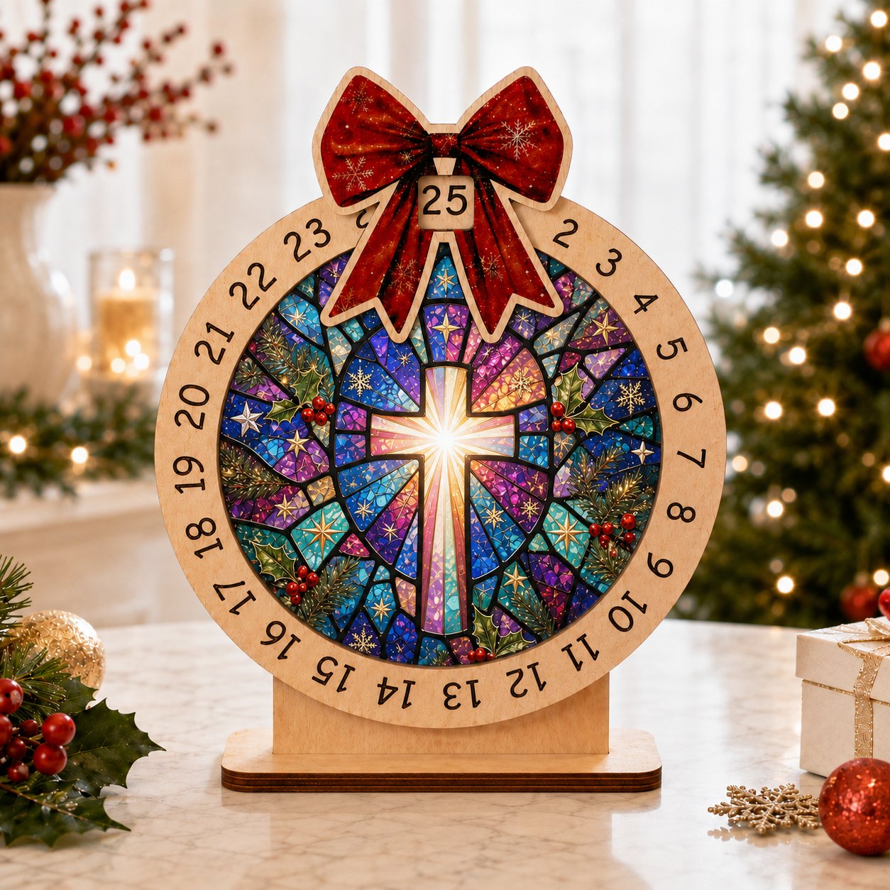 Wooden Cross Advent Calendar, Jesus Cross Christmas Wooden Sign, Custom Tabletop Religious Gift, Spinning Wheel Christmas Countdown Decor, Religious Christian Christmas Gift XMASW13