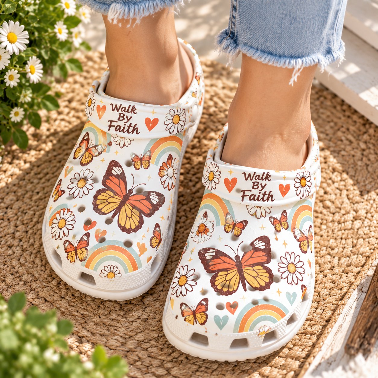Walk By Faith Butterfly Clog Shoes, Christian Rainbow Floral Slip On Clogs, Christian Gift, Kid Adult Comfort Clogs Shoes CLOGS40