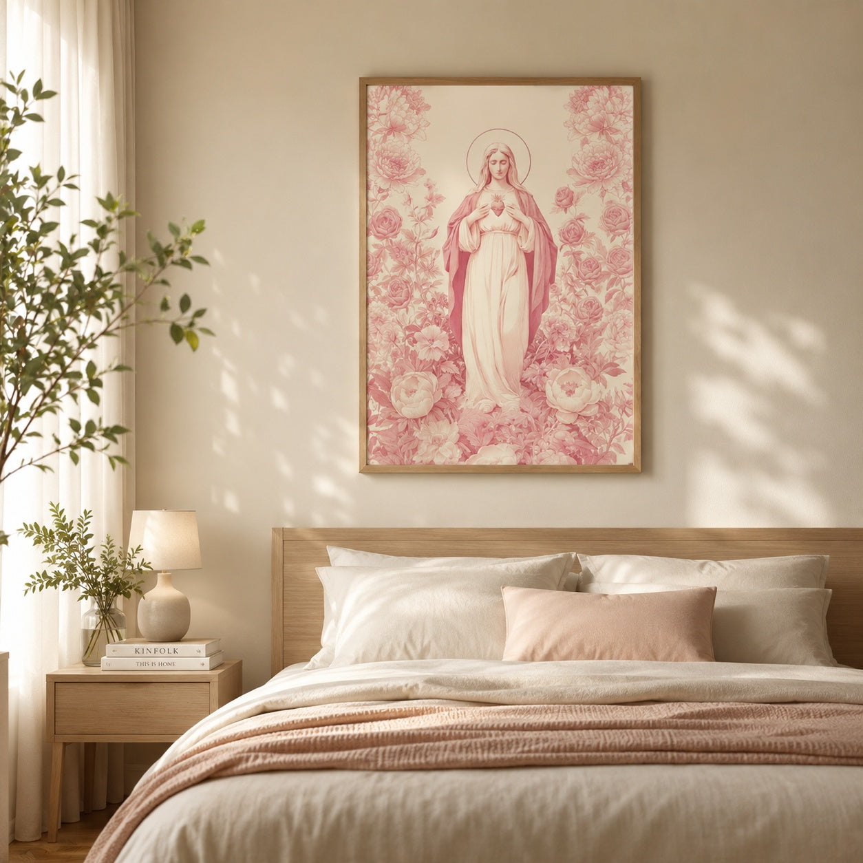 Pink Sacred Heart of Mary Poster, Our Lady Floral Print, Christian Poster, Christian Religious Artwork for Prayer Room and Living Room PTSETA16