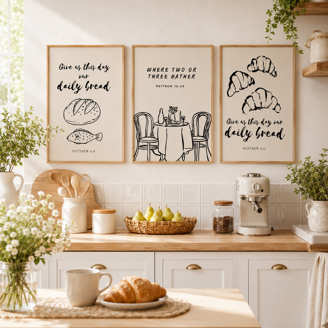 Set of 3 Christian Kitchen Wall Art Poster , Give Us This Day Our Daily Bread Posters, Matthew 6:11 and 18:20 Bible Verse Dining Room Decor, Kitchen Hanging Decor PTSET11