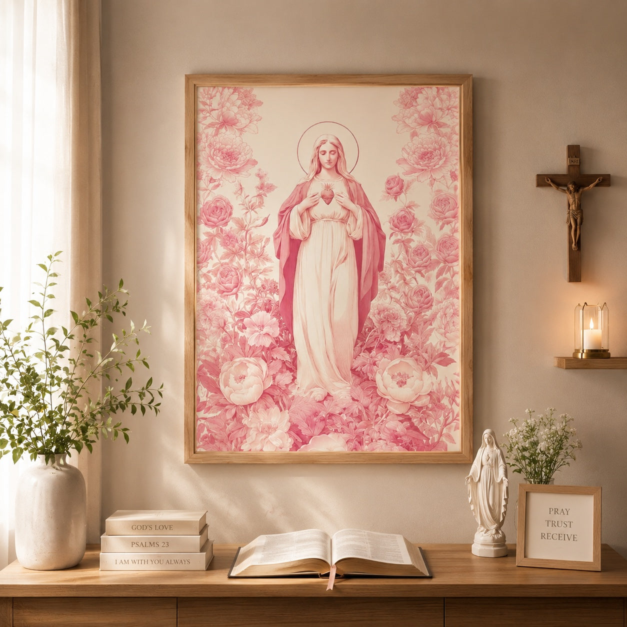 Pink Sacred Heart of Mary Poster, Our Lady Floral Print, Christian Poster, Christian Religious Artwork for Prayer Room and Living Room PTSETA16