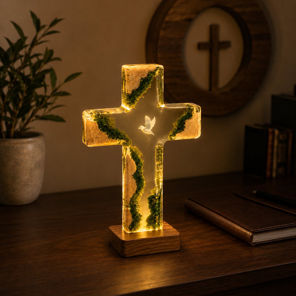 Christian Cross Epoxy Lamp, Dove Christian Cross LED Night Light, Faith-Based Religious Home Decor, Catholic Prayer Room Gift EPOXY18