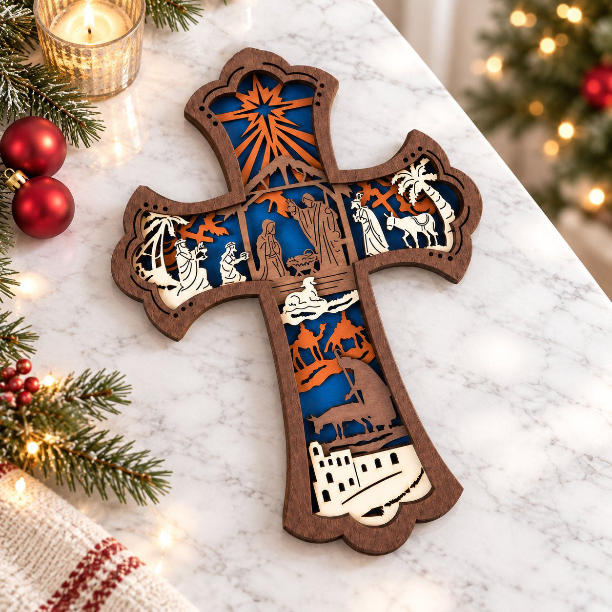 Christian Cross Christmas Decor, Wooden Nativity Wall Hanging, Religious Holiday Home Decoration, Jesus Birth Scene Faith Gift WSXM17