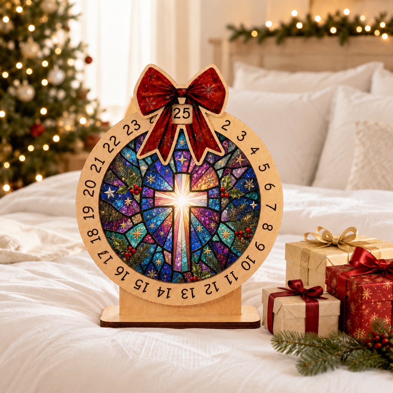 Wooden Cross Advent Calendar, Jesus Cross Christmas Wooden Sign, Custom Tabletop Religious Gift, Spinning Wheel Christmas Countdown Decor, Religious Christian Christmas Gift XMASW13