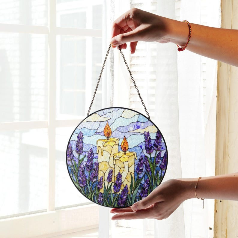 Lavender Candle Stained Glass Suncatcher – Purple Floral Candle Window Hanging, Inspirational Home Decor Gift for Mom GLASS17