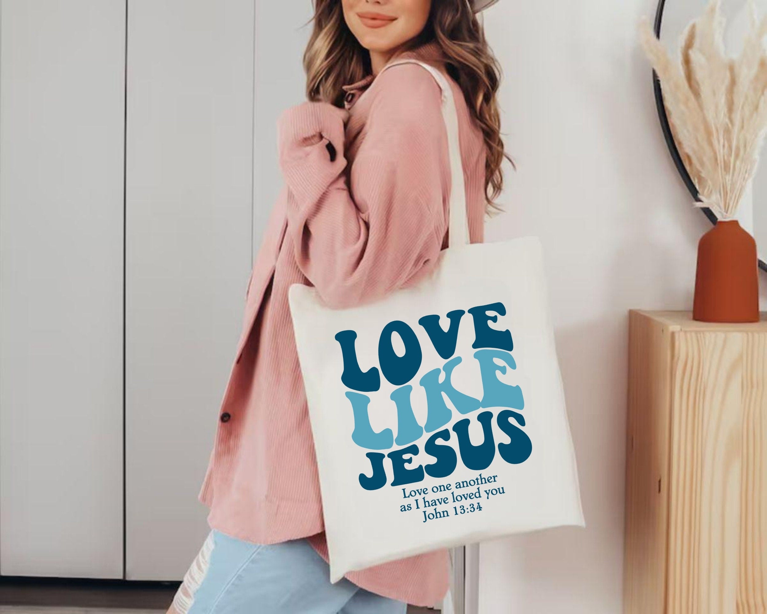 Love Like Jesus Christian Tote Bag – Canvas Tote – Faith-Based Gift – Trendy Aesthetic Tote – Cute Christian Bag – Religious Accessories TBLAF19