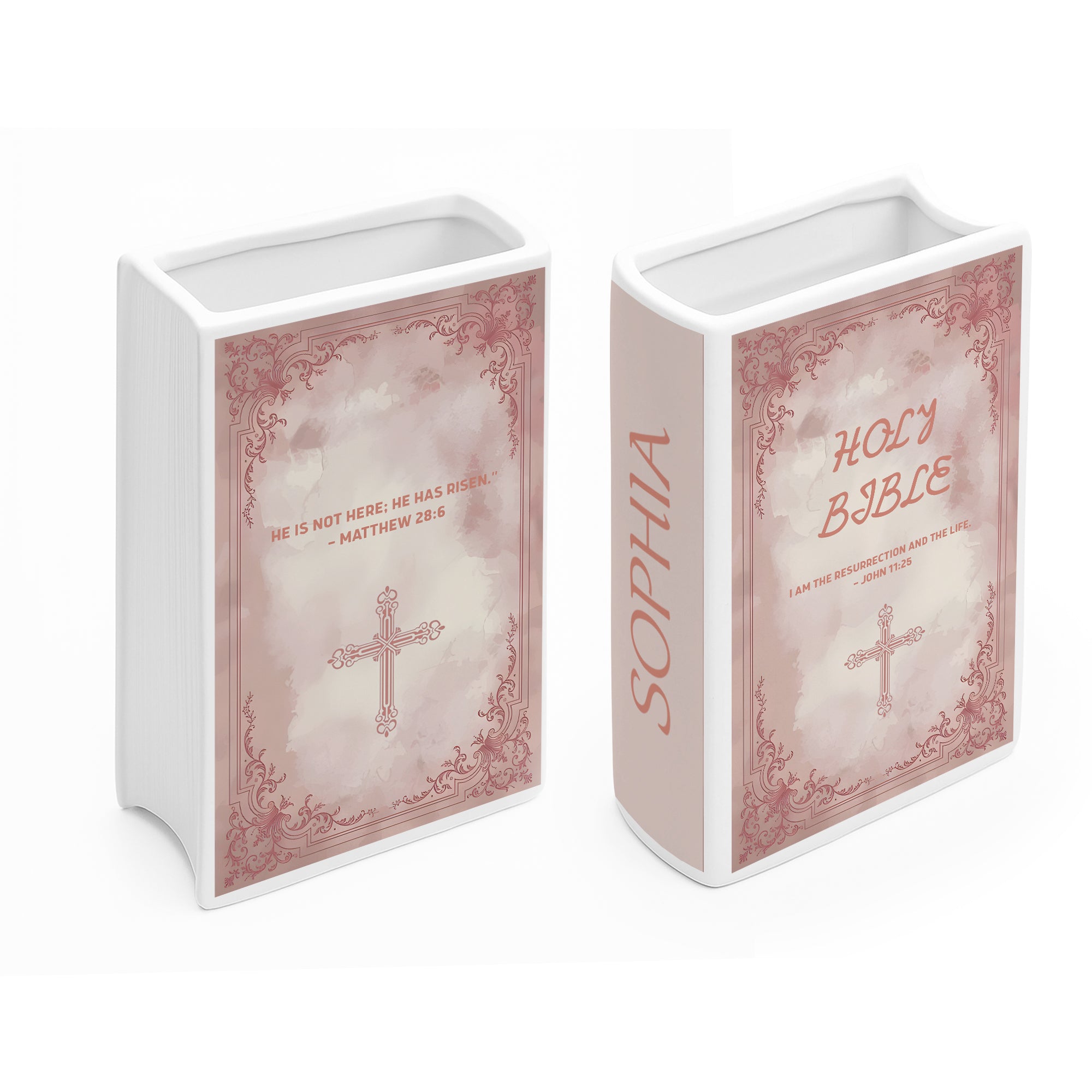 Personalized Christian Ceramic Book Vase, Resurrection Ceramic Book for Women with Cross and Bible Verses, Personalized Christian Gift, Chistmas Gift CBLAF18