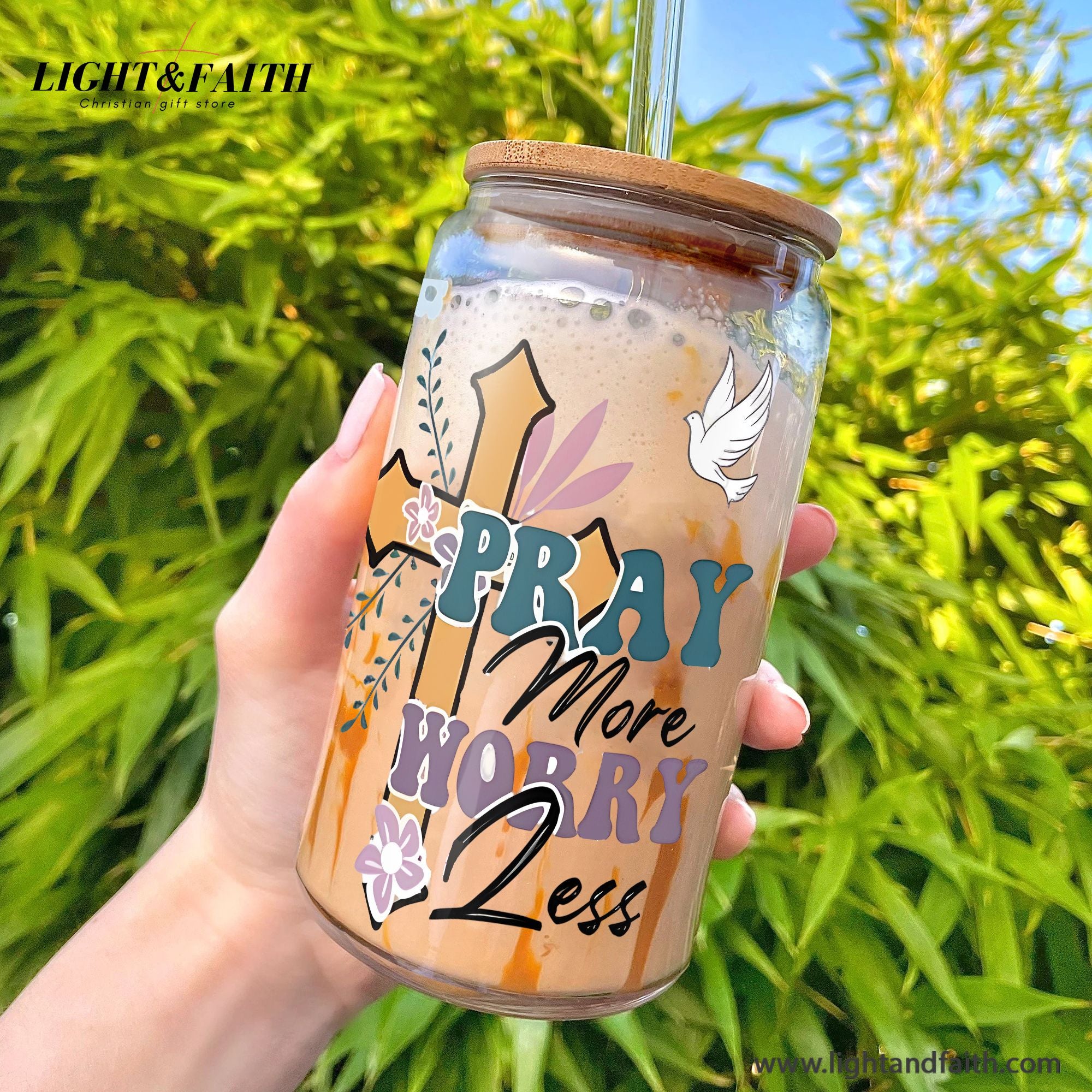 Christian Glass Can with Bamboo Lid and Straw, Pray More Worry Less Cup, Cross and Dove Scripture Iced Coffee Tumbler Gift GCLAF44