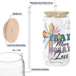 Christian Glass Can with Bamboo Lid and Straw, Pray More Worry Less Cup, Cross and Dove Scripture Iced Coffee Tumbler Gift GCLAF44