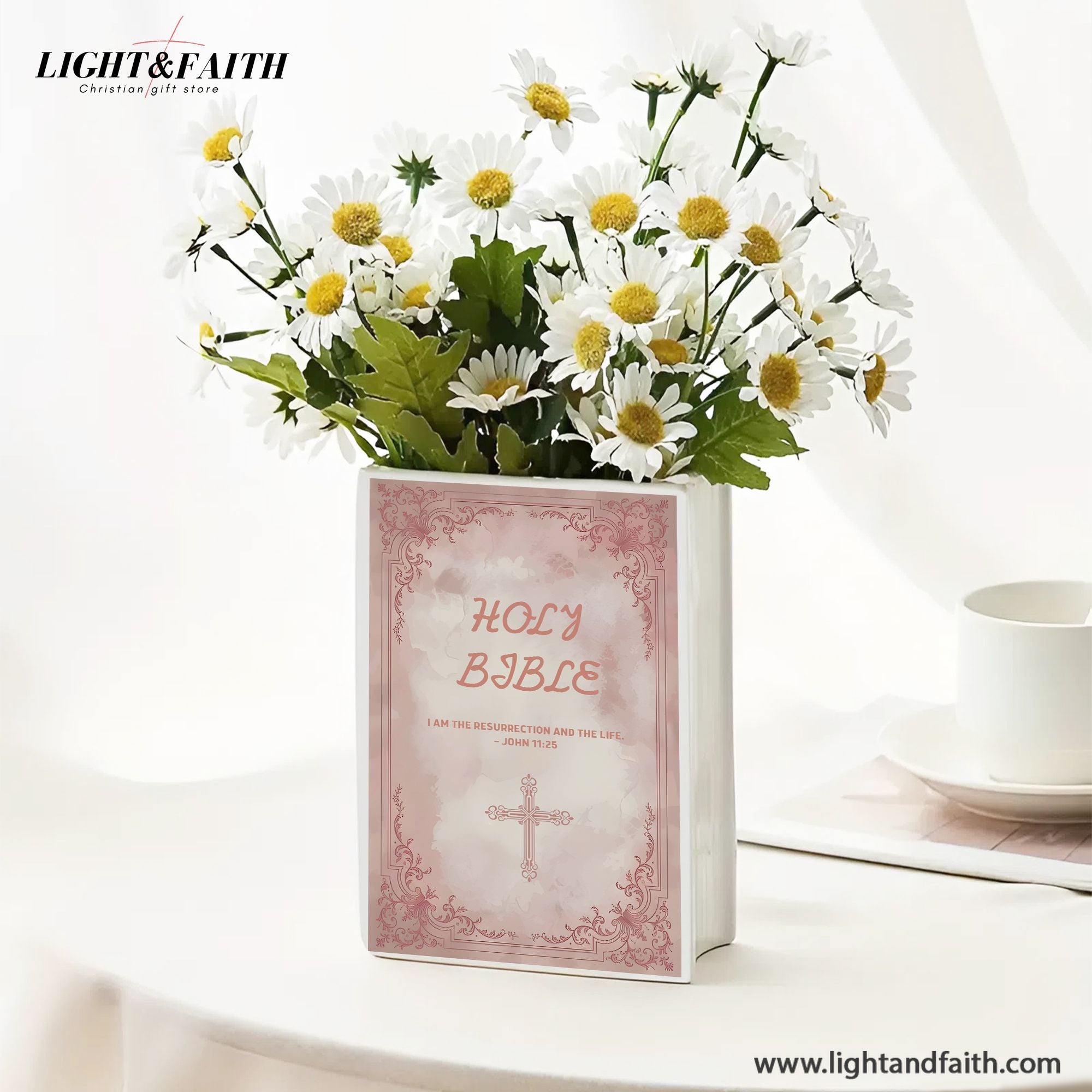 Personalized Christian Ceramic Book Vase, Resurrection Ceramic Book for Women with Cross and Bible Verses, Personalized Christian Gift, Chistmas Gift CBLAF18