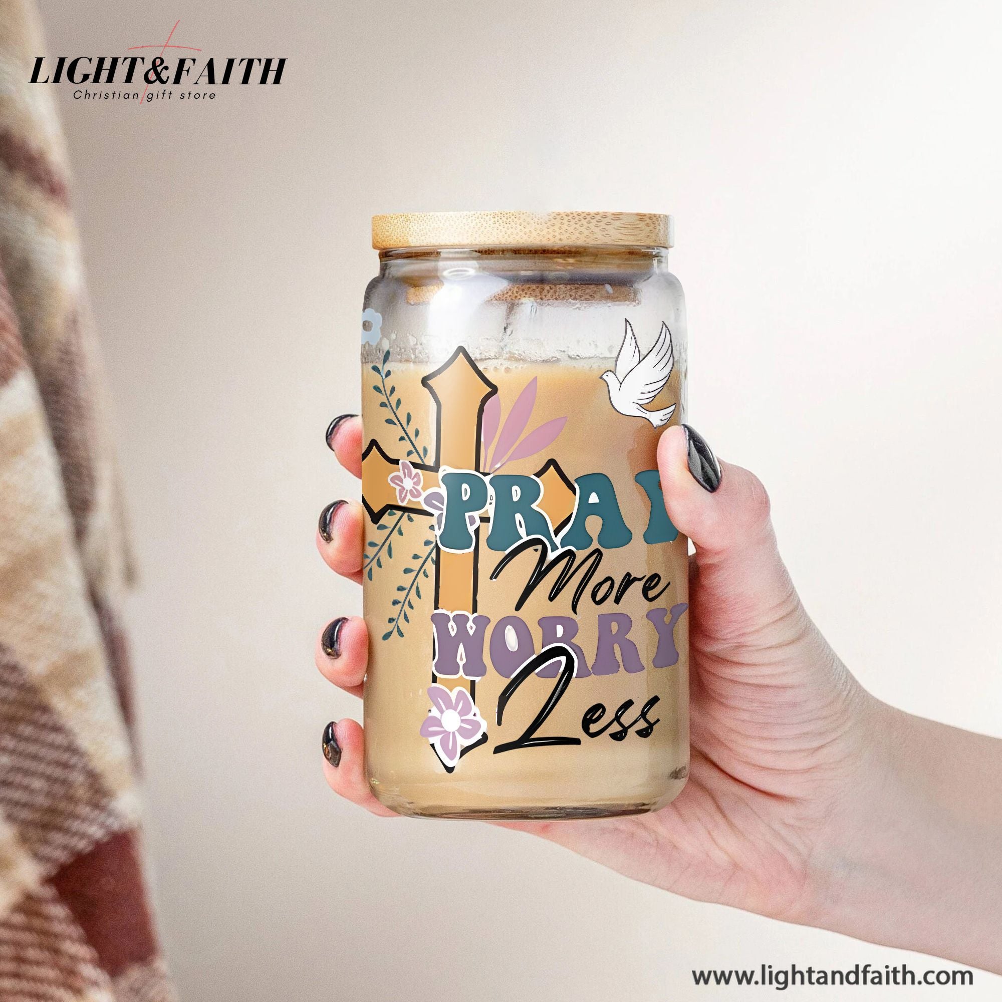 Christian Glass Can with Bamboo Lid and Straw, Pray More Worry Less Cup, Cross and Dove Scripture Iced Coffee Tumbler Gift GCLAF44