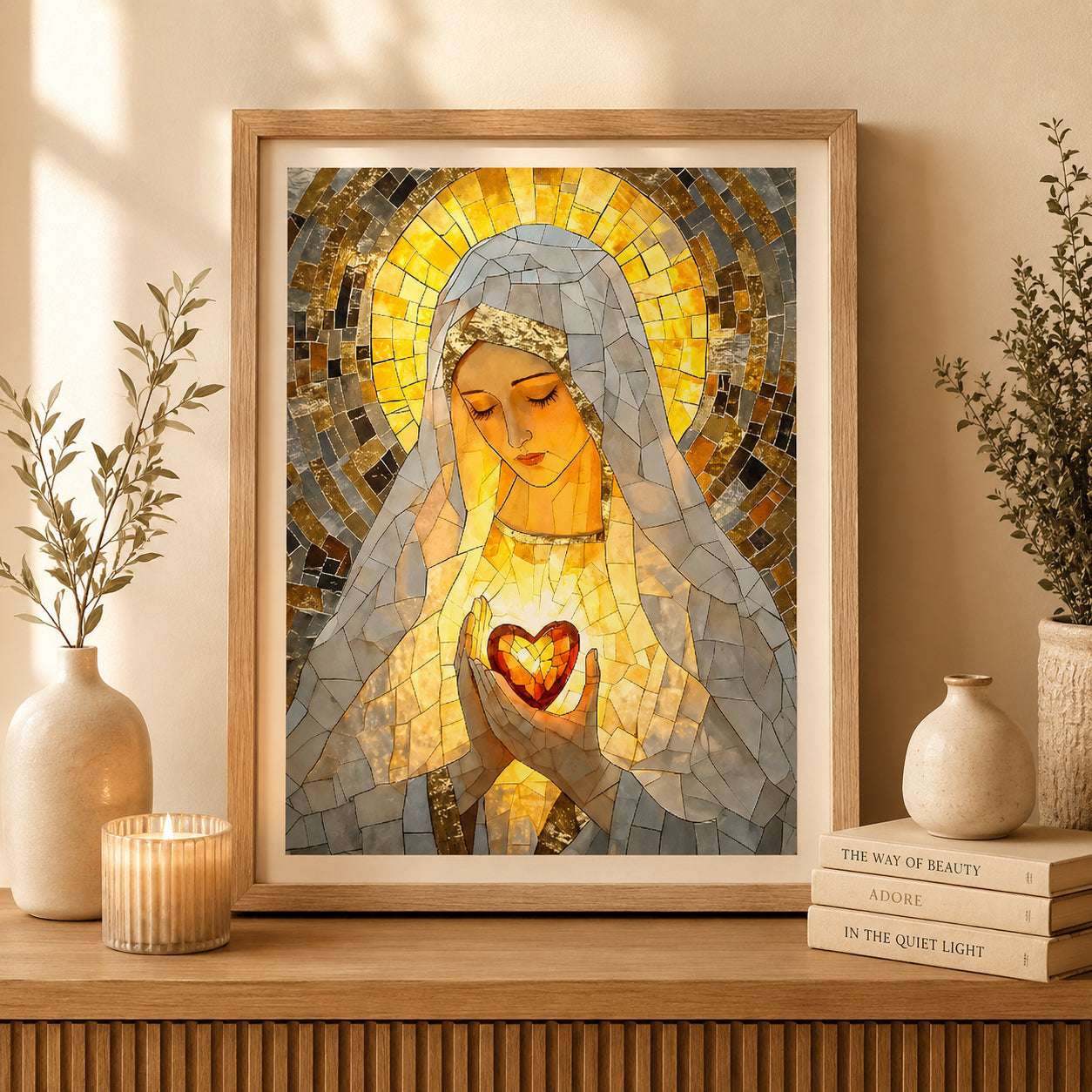 Virgin Mary Sacred Heart Poster, Catholic Wall Art Print, Mosaic Madonna Religious Decor, Christian Faith Gift, Marian Devotional ArtPTS18