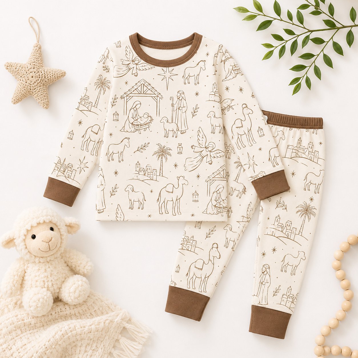 Good Shepherd Bamboo Baby Kids Pajamas Set, Jesus and Lamb Christian PJs, Green Religious Toddler Sleepwear, Faith Gift BBPJSS16