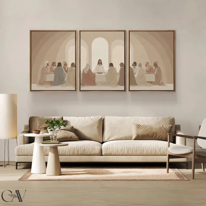Modern Minimalist Last Supper Art, Abstract Jesus and Disciples, Beige Christian Wall Decor, Boho Religious Dining Room Prints PTLAF006