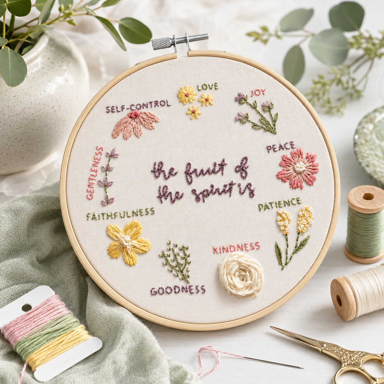 Fruit of the Spirit Embroidery Hoop Art, Christian Floral Embroidery Hoop Art, Wall Decor, Hand Embroidered Flower Wreath, Wheatear Embroidery Hoop EH04