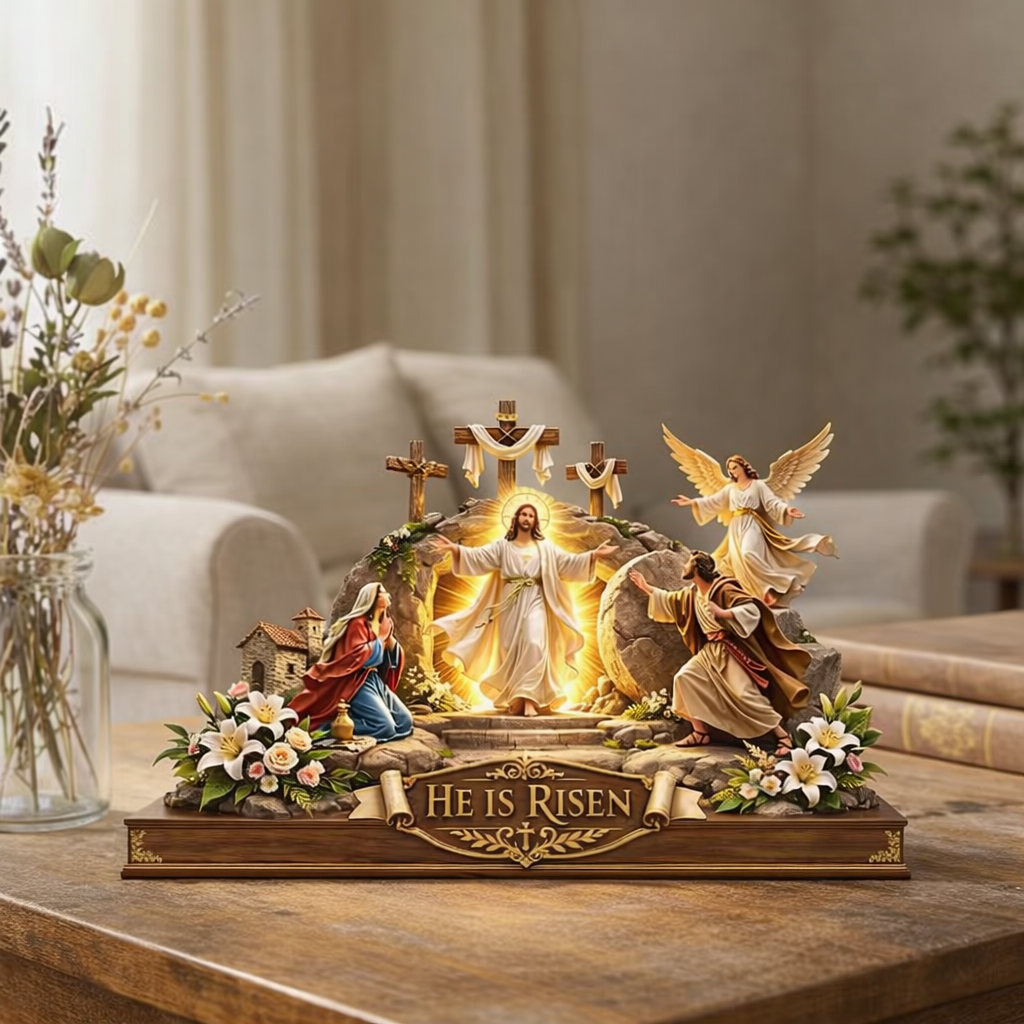 He Is Risen Easter Wooden Sign, Jesus Resurrection Scene, Christian Tabletop Display, Religious Home Gift