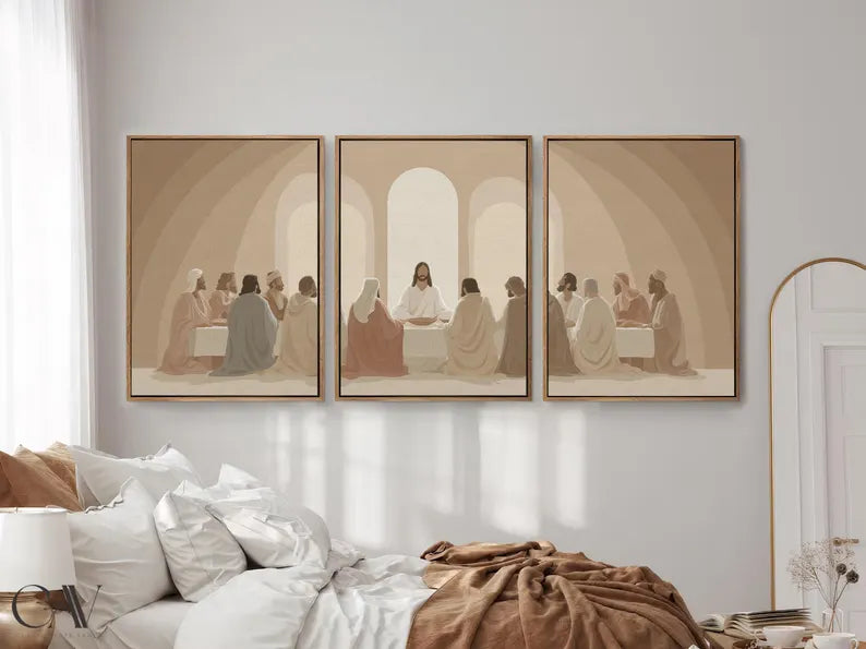 Modern Minimalist Last Supper Art, Abstract Jesus and Disciples, Beige Christian Wall Decor, Boho Religious Dining Room Prints PTLAF006