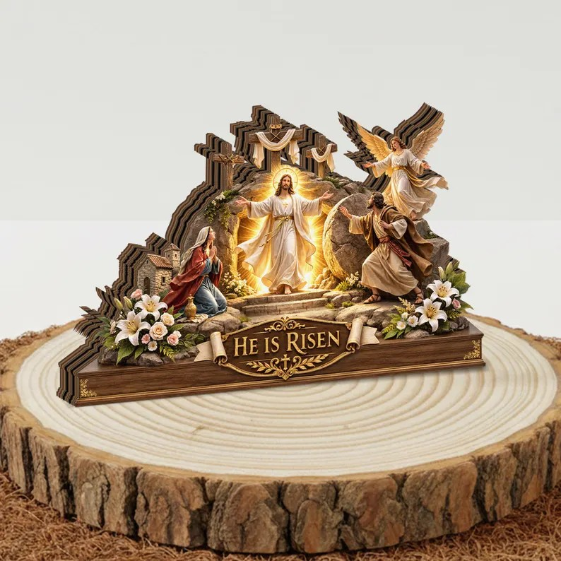 He Is Risen Easter Wooden Sign, Jesus Resurrection Scene, Christian Tabletop Display, Religious Home Gift