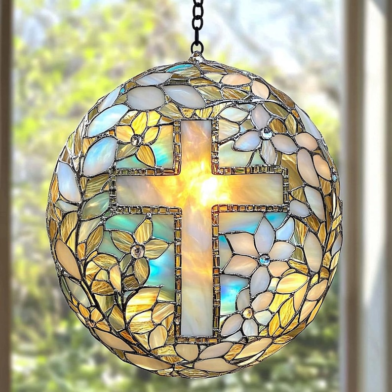 Cross Floral Stained Glass Suncatcher, Christian Window Hanging, Religious Cross Sun Catcher, Faith Home Decor, Easter Gift, Bible Decor SCLAF27