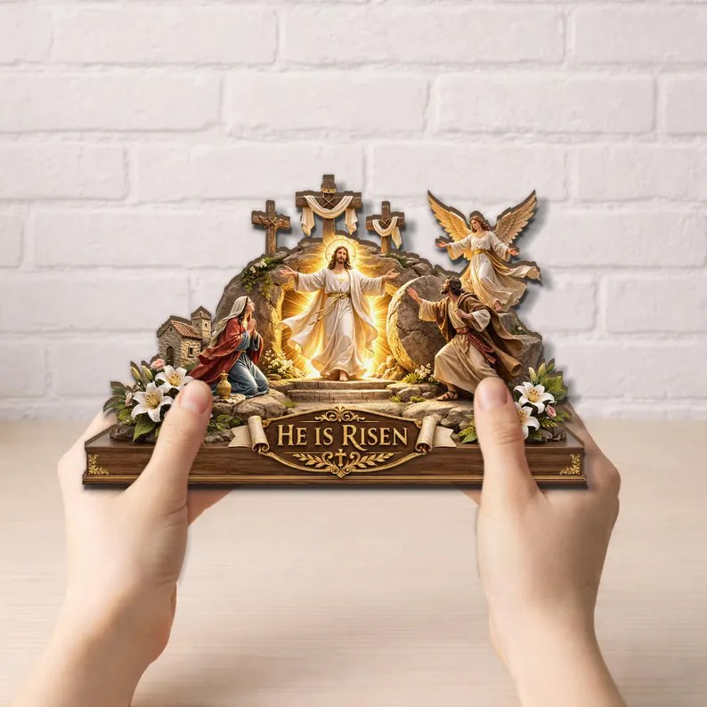 He Is Risen Easter Wooden Sign, Jesus Resurrection Scene, Christian Tabletop Display, Religious Home Gift