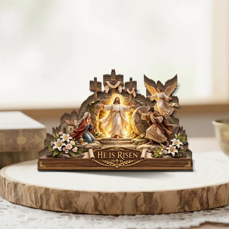 He Is Risen Easter Wooden Sign, Jesus Resurrection Scene, Christian Tabletop Display, Religious Home Gift