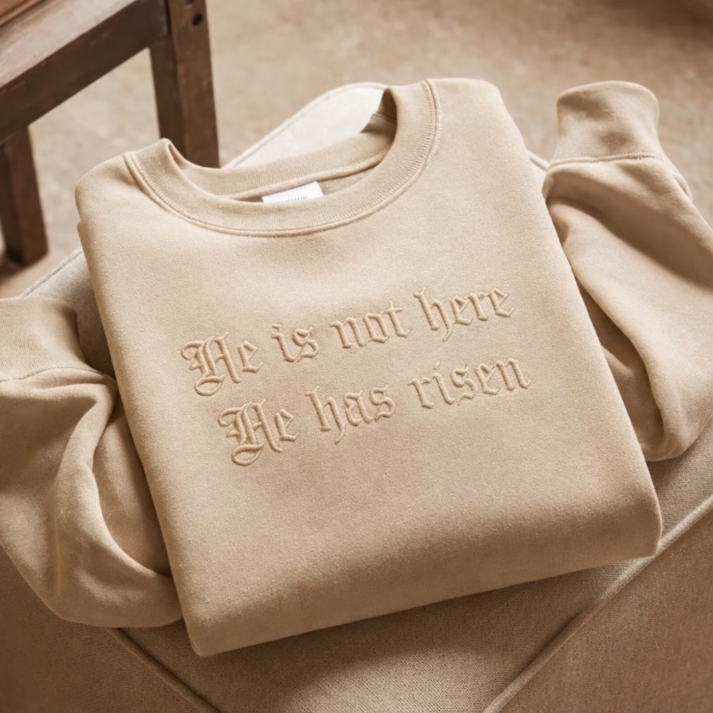 He Is Not Here He Has Risen Easter Sweatshirt, Christian Embroidered Crewneck, Religious Faith Shirt, Resurrection Sunday Gift, Church Apparel GEMB34