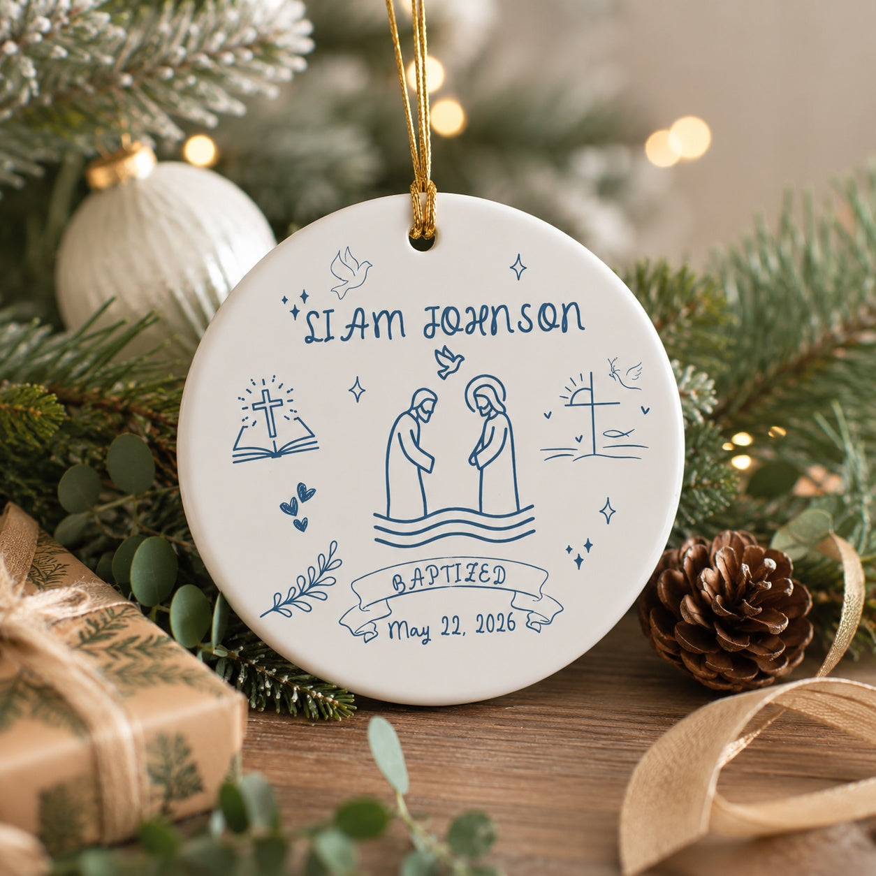 Personalized Baptism Ceramic Ornament, Baby Baptism Ornament, Custom Christian Baptism Keepsake, Jesus Baptism Line Art, Name and Date Christening Gift CRMO18