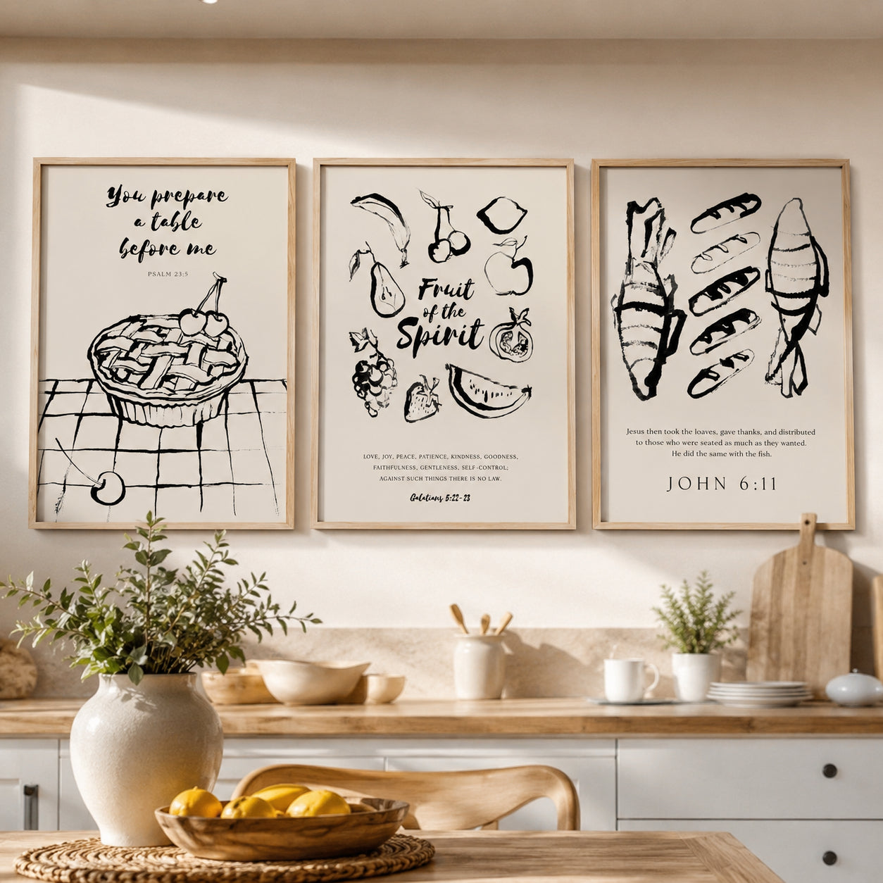 Set of 3 Fruit of the Spirit and Psalm 23:5 Posters, Christian Kitchen Wall Art, John 6:11 Loaves and Fishes Bible Verse Decor, Kitchen Hanging Decor PTSET13