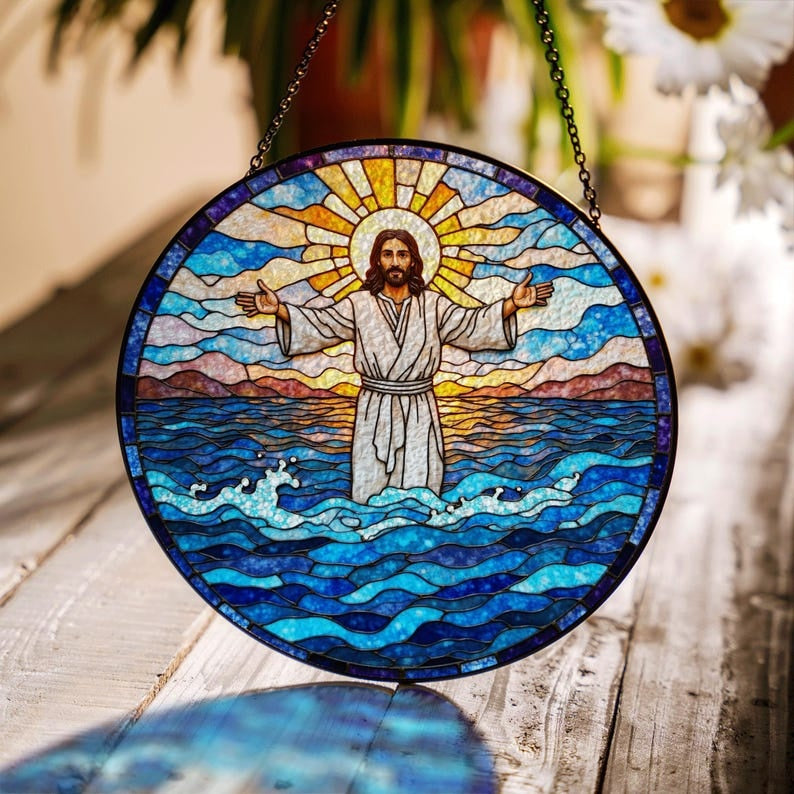Jesus Walking on Water Stained Glass Suncatcher – Christian Faith Window Hanging, Religious Jesus Home Decor Gift GLASS18