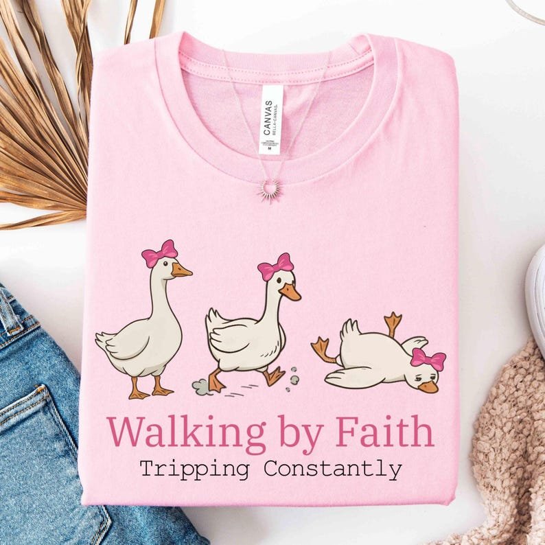Walking by Faith Tripping Constantly Shirt, Funny Christian Women Tee, Inspire Religious Gift for Mom, Silly Goose Faith T-shirt For Her CFNS17
