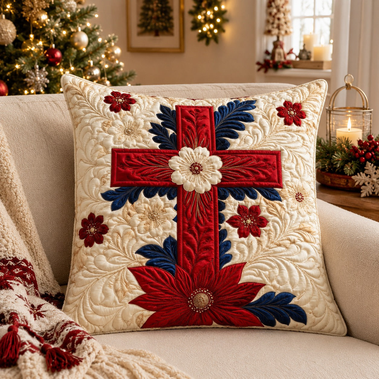 Christmas Cross Quilted Pillow Case, Red Floral Christian Pillow Cover, Religious Christmas Decor, Faith Holiday Gift QPILLOW17