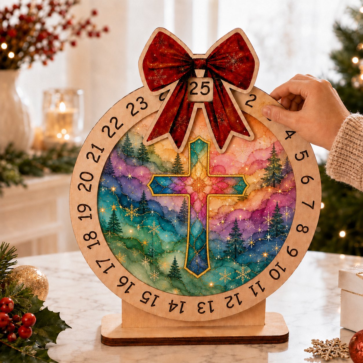 Wooden Cross Advent Calendar, Jesus Cross Christmas Wooden Sign, Custom Tabletop Religious Gift, Spinning Wheel Christmas Countdown Decor, Religious Christian Christmas Gift XMASW14