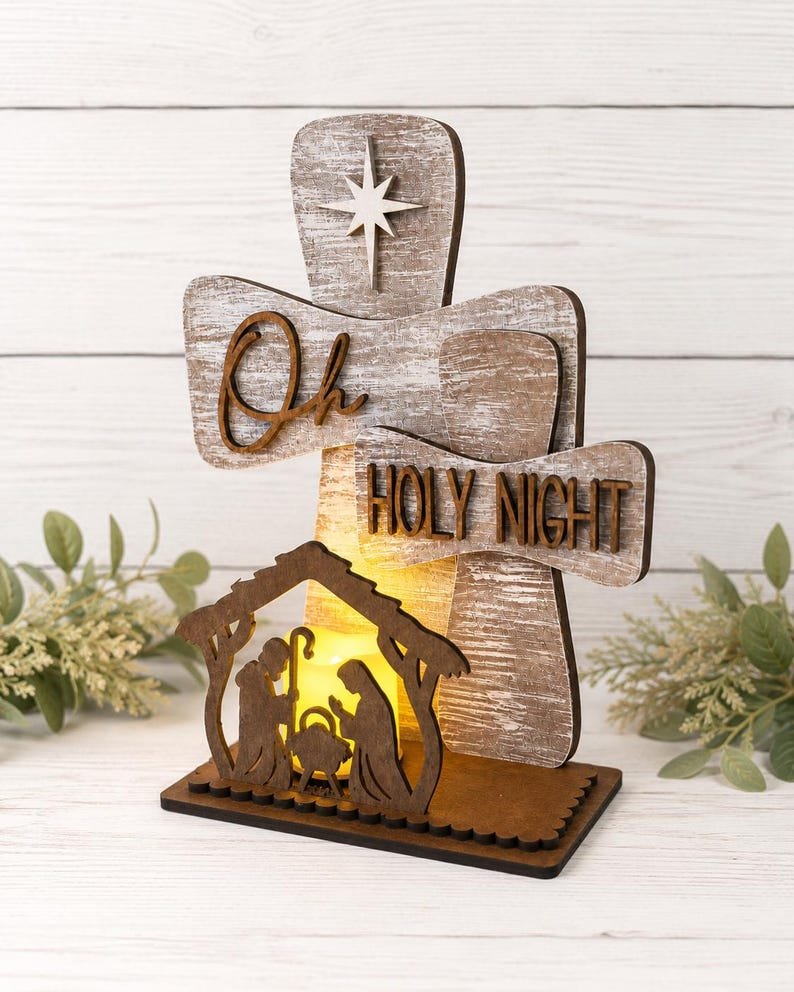 Holy Night Nativity Candle Holder, Wooden Christmas Sign Decor, Religious Christian Holiday Decoration, Baby Jesus Manger Scene Table Centerpiece WSXM18