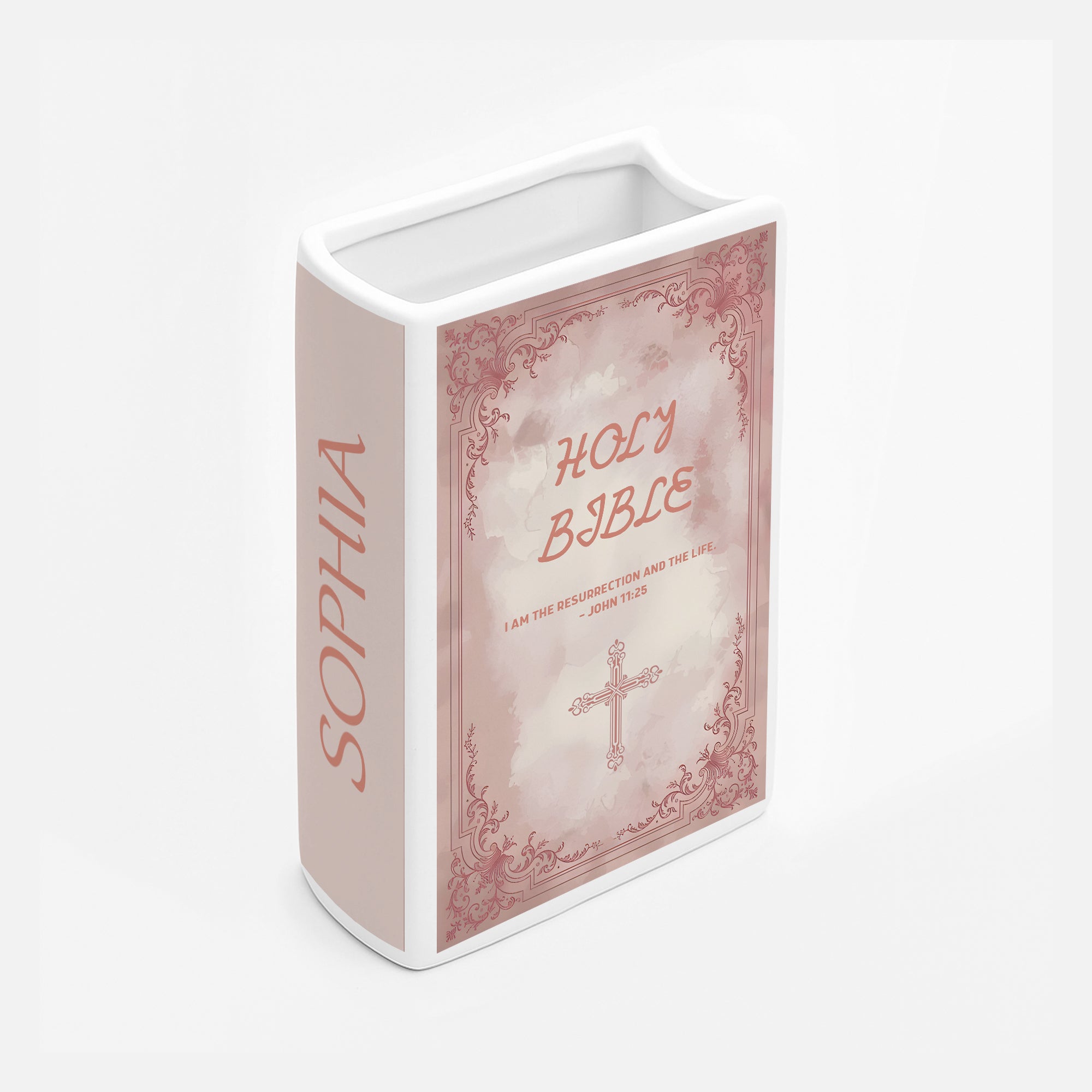 Personalized Christian Ceramic Book Vase, Resurrection Ceramic Book for Women with Cross and Bible Verses, Personalized Christian Gift, Chistmas Gift CBLAF18