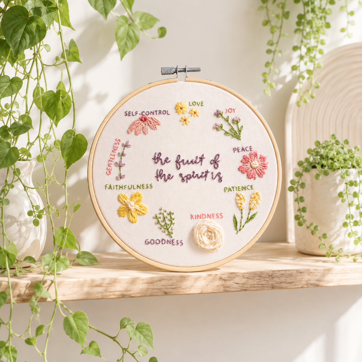 Fruit of the Spirit Embroidery Hoop Art, Christian Floral Embroidery Hoop Art, Wall Decor, Hand Embroidered Flower Wreath, Wheatear Embroidery Hoop EH04