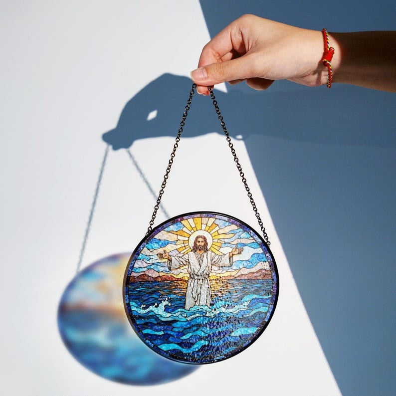 Jesus Walking on Water Stained Glass Suncatcher – Christian Faith Window Hanging, Religious Jesus Home Decor Gift GLASS18