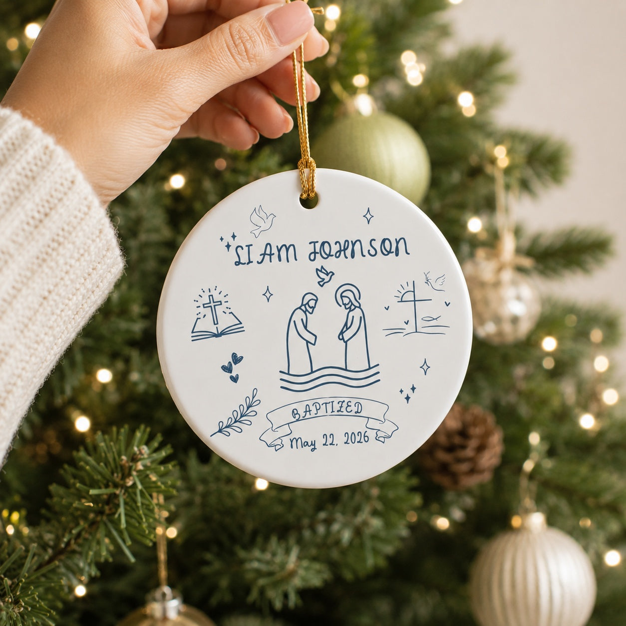 Personalized Baptism Ceramic Ornament, Baby Baptism Ornament, Custom Christian Baptism Keepsake, Jesus Baptism Line Art, Name and Date Christening Gift CRMO18