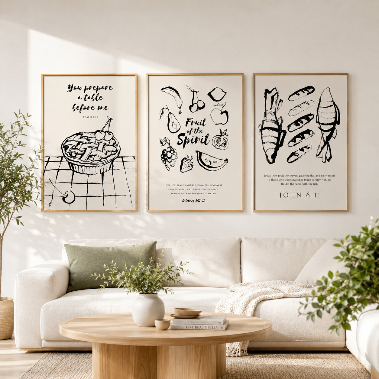 Set of 3 Fruit of the Spirit and Psalm 23:5 Posters, Christian Kitchen Wall Art, John 6:11 Loaves and Fishes Bible Verse Decor, Kitchen Hanging Decor PTSET13