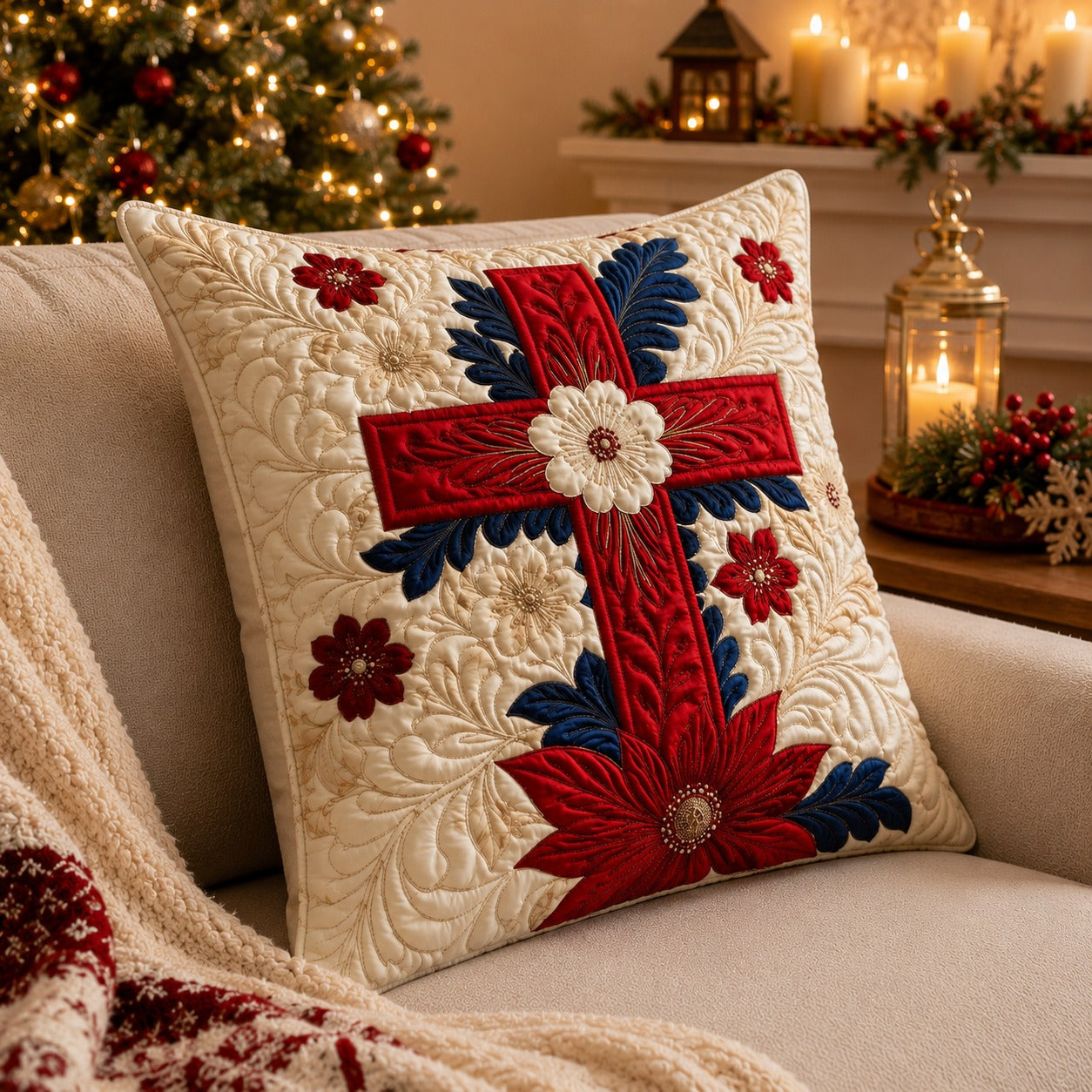 Christmas Cross Quilted Pillow Case, Red Floral Christian Pillow Cover, Religious Christmas Decor, Faith Holiday Gift QPILLOW17