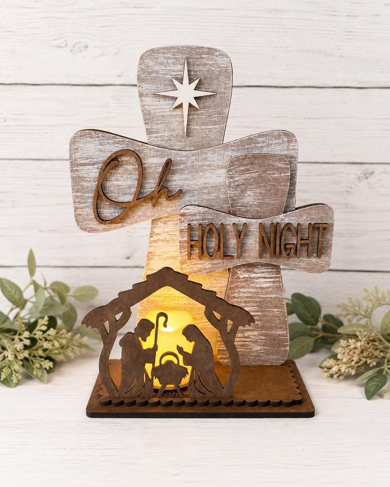 Holy Night Nativity Candle Holder, Wooden Christmas Sign Decor, Religious Christian Holiday Decoration, Baby Jesus Manger Scene Table Centerpiece WSXM18