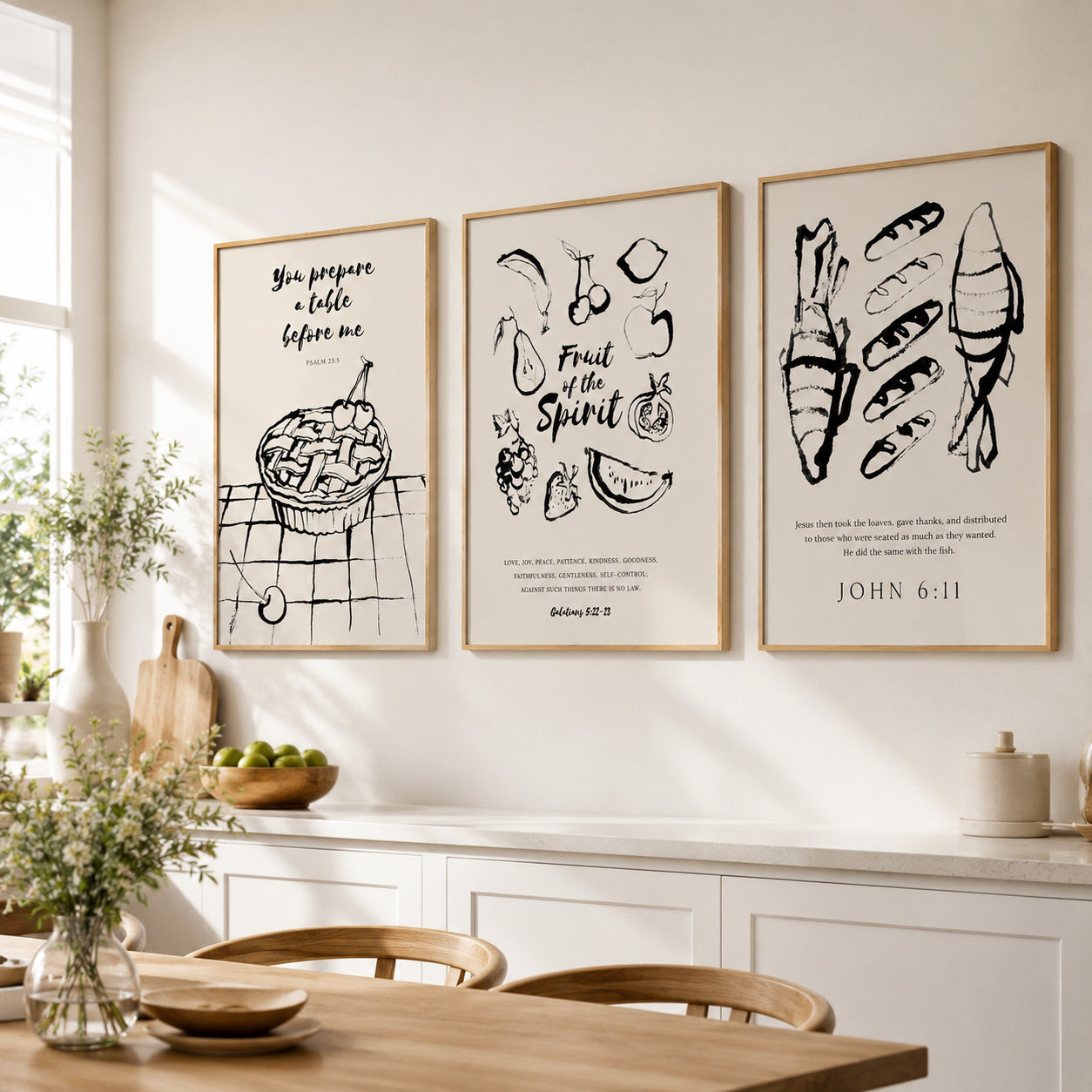 Set of 3 Fruit of the Spirit and Psalm 23:5 Posters, Christian Kitchen Wall Art, John 6:11 Loaves and Fishes Bible Verse Decor, Kitchen Hanging Decor PTSET13