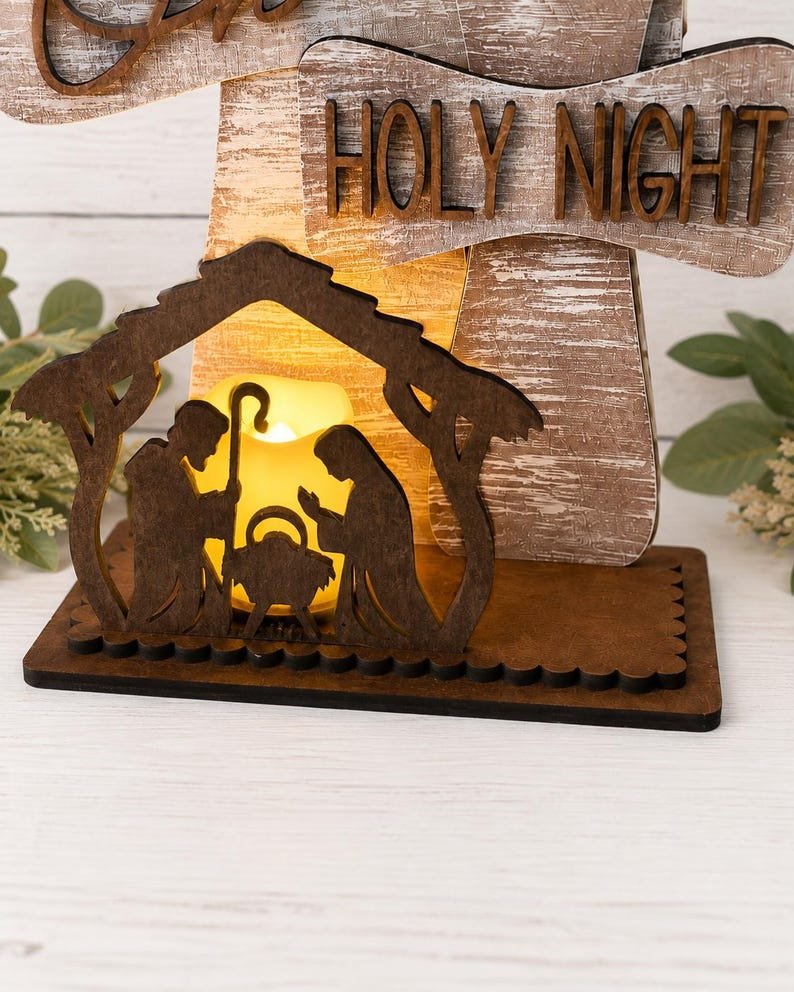 Holy Night Nativity Candle Holder, Wooden Christmas Sign Decor, Religious Christian Holiday Decoration, Baby Jesus Manger Scene Table Centerpiece WSXM18