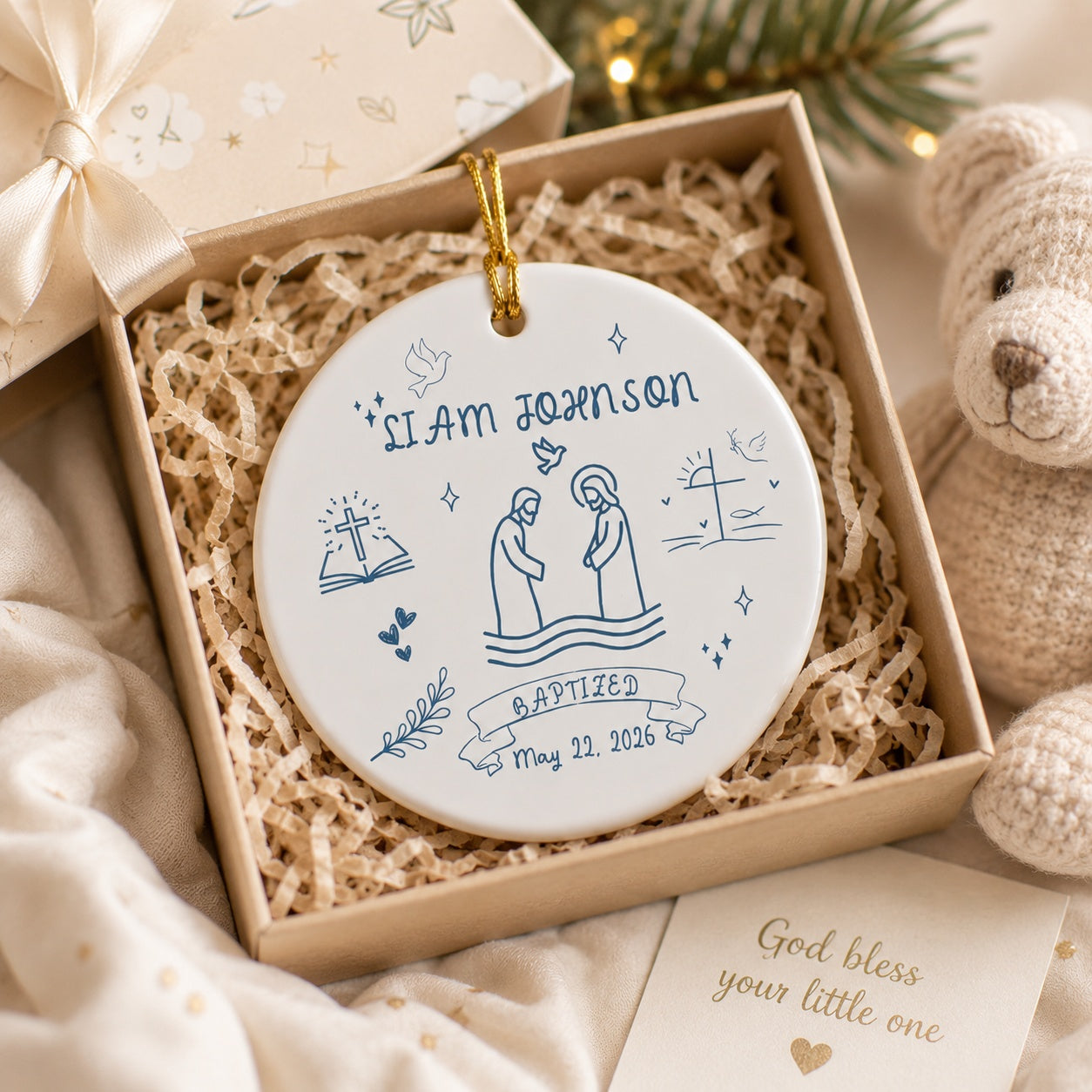 Personalized Baptism Ceramic Ornament, Baby Baptism Ornament, Custom Christian Baptism Keepsake, Jesus Baptism Line Art, Name and Date Christening Gift CRMO18
