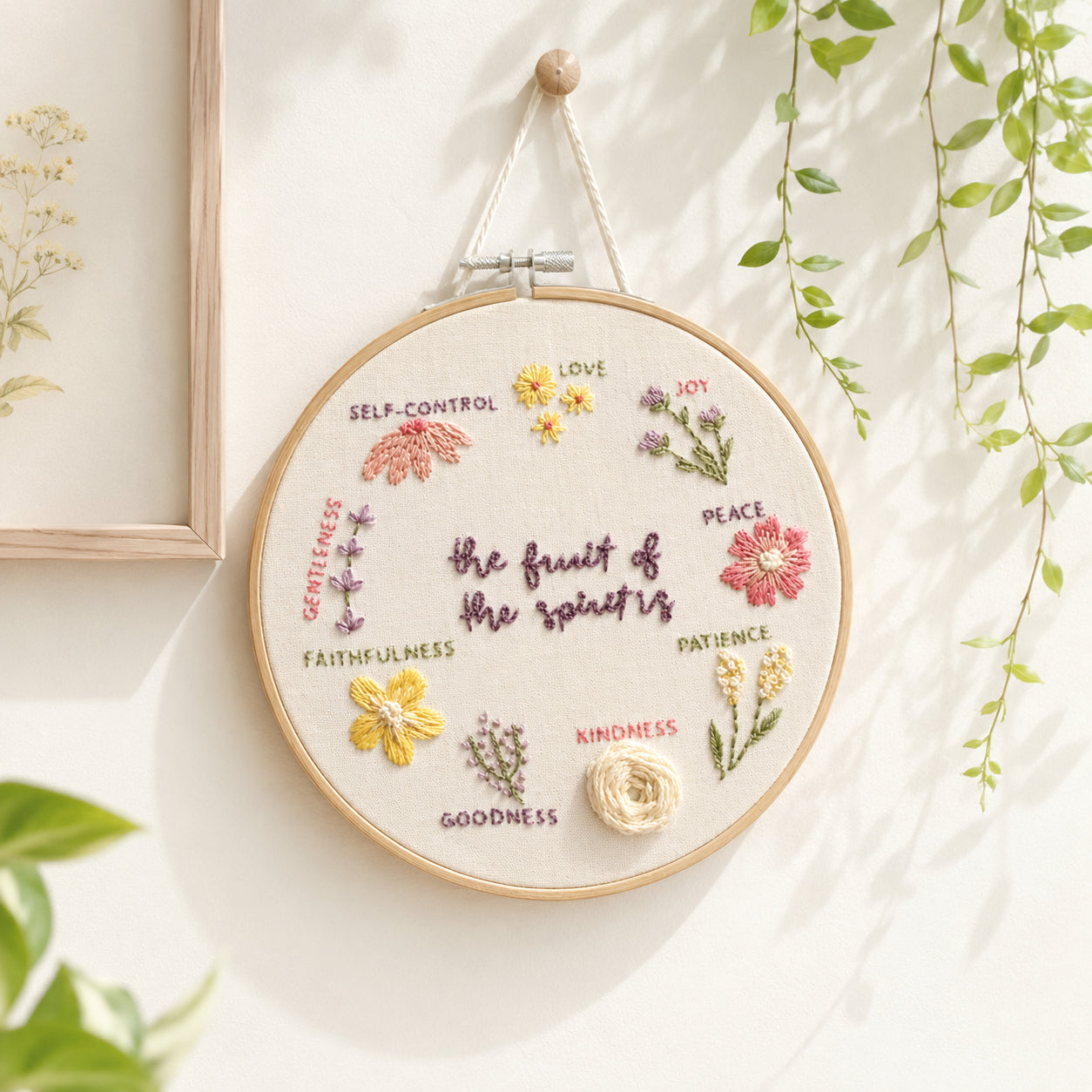 Fruit of the Spirit Embroidery Hoop Art, Christian Floral Embroidery Hoop Art, Wall Decor, Hand Embroidered Flower Wreath, Wheatear Embroidery Hoop EH04