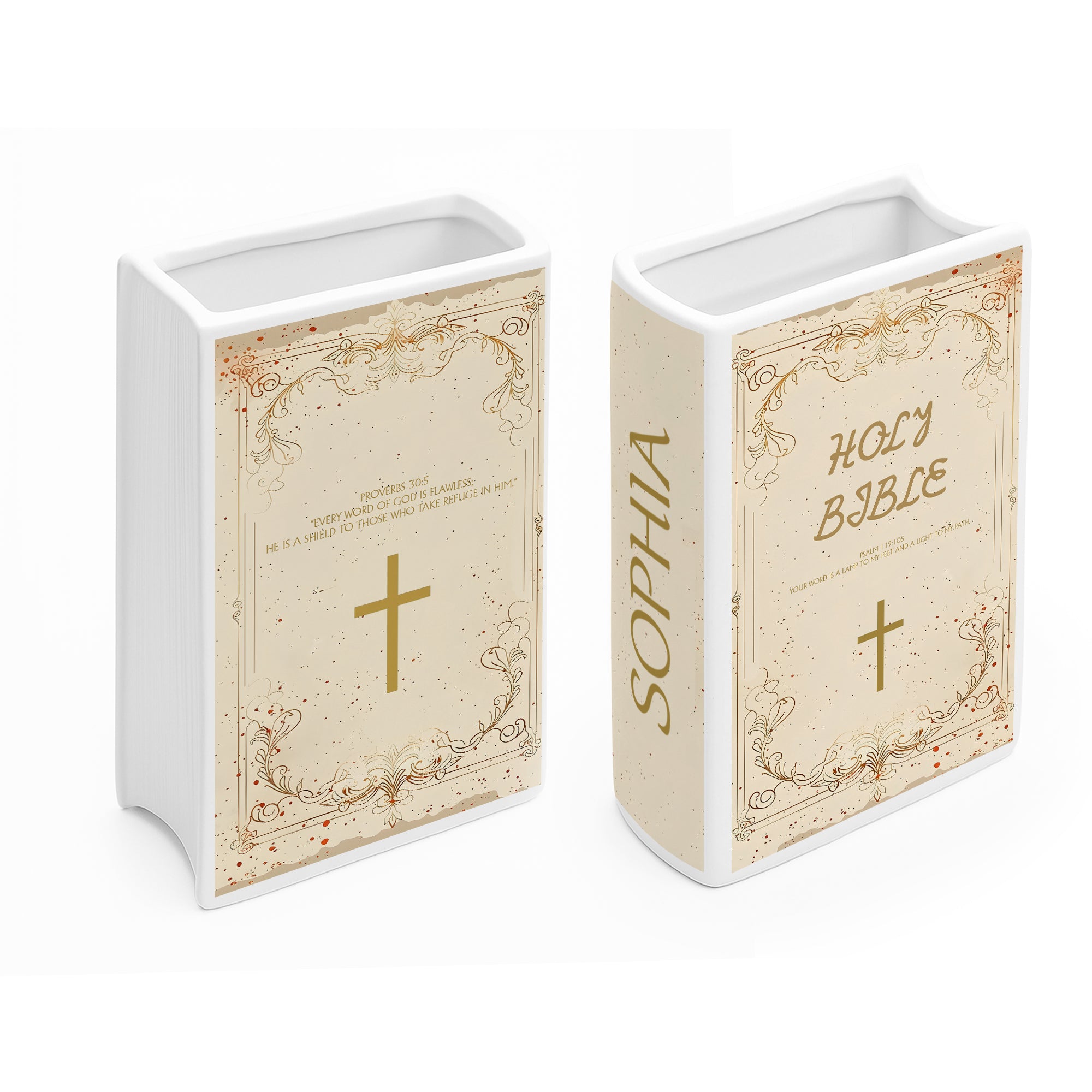 Personalized Ceramic Book Vase, Gold Cross Design with Scripture, Christian Gift for Her, Chistmas Gift CBLAF19