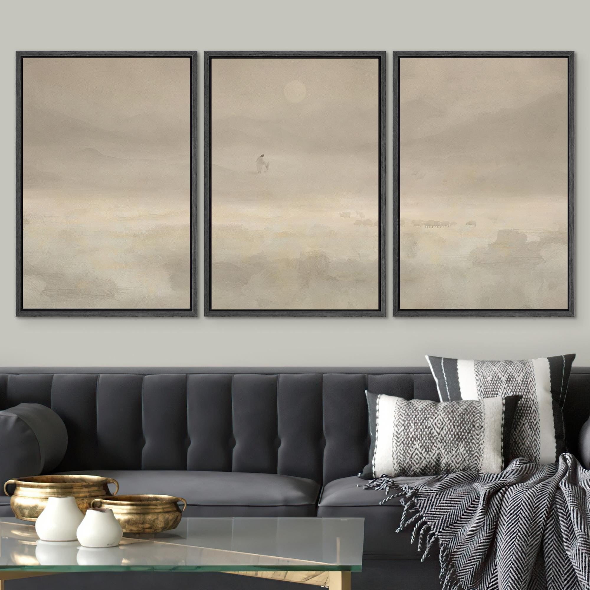 Jesus & Sheep Poster – Set of 3 Framed Minimalist Christian Prints, Pastoral Abstract Landscape in Soft Neutrals for Church or Home DecorGift, Minimalist Christian Art Jesus
