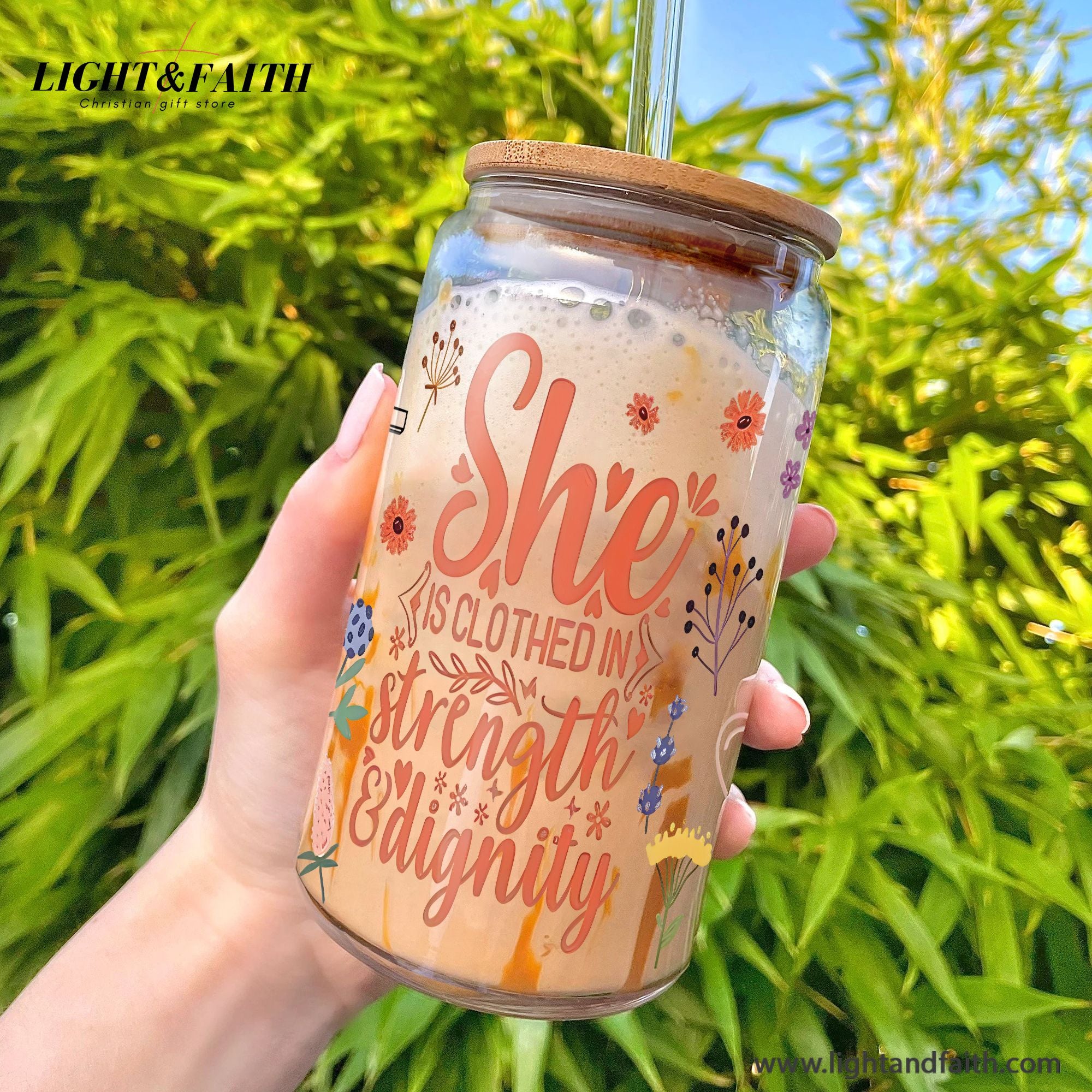 Christian Glass Can with Bamboo Lid and Straw, She Is Clothed in Strength and Dignity Cup, Proverbs 31:25 Scripture Tumbler Gift GCLAF45