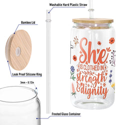 Christian Glass Can with Bamboo Lid and Straw, She Is Clothed in Strength and Dignity Cup, Proverbs 31:25 Scripture Tumbler Gift GCLAF45